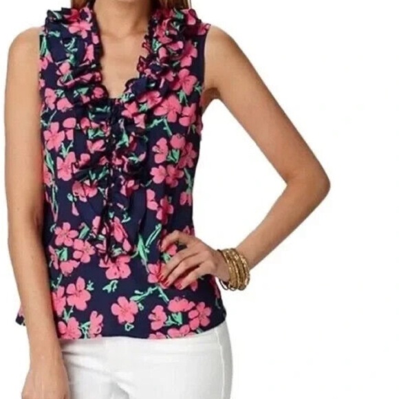 Lilli Pulitzer ALLISON Floral Ruffle Sleeveless blouse Top sz XS - Picture 6 of 6